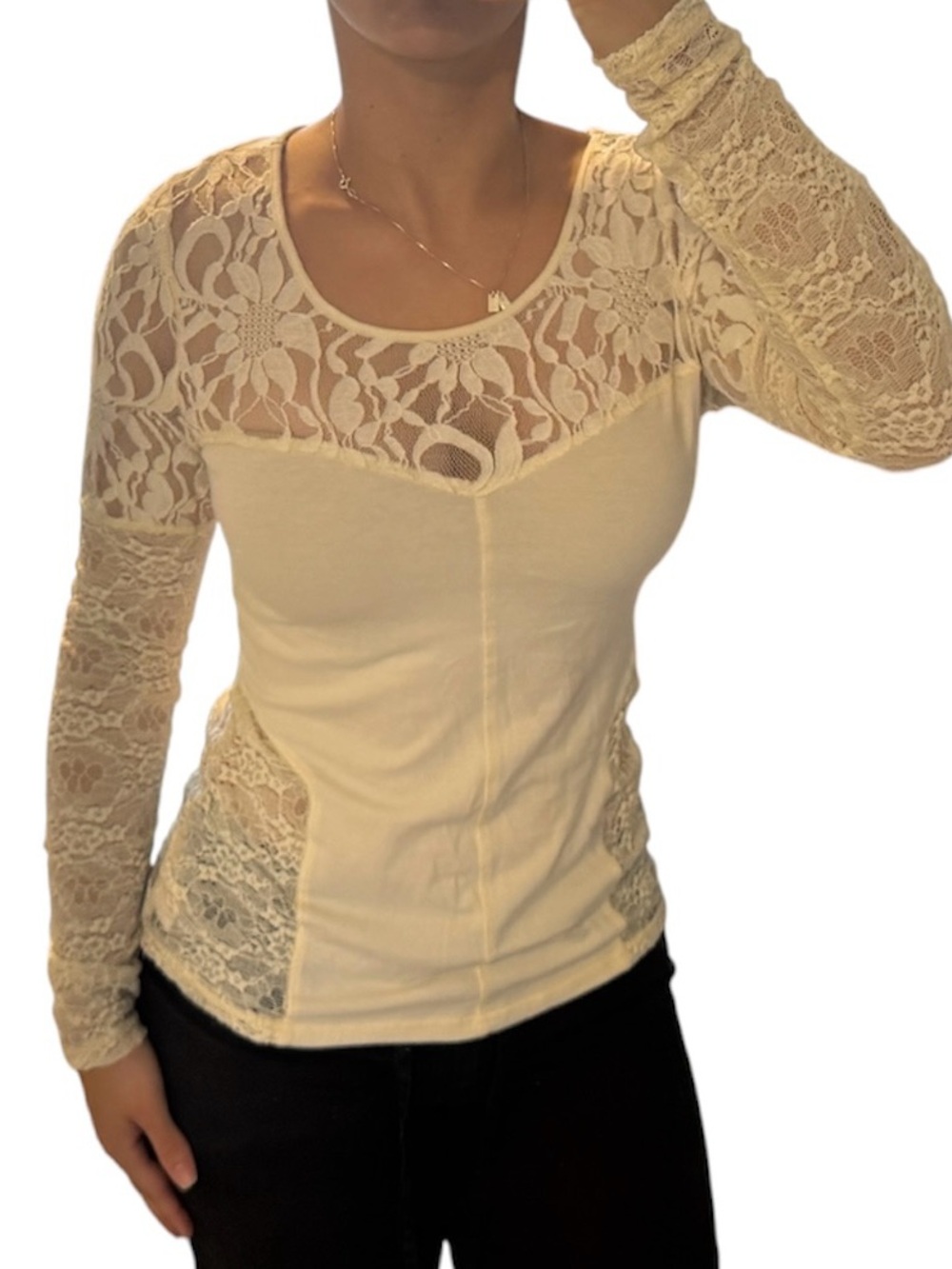 Free People Sweet Thang Ivory Lace Cross Back Long Sleeve Top S